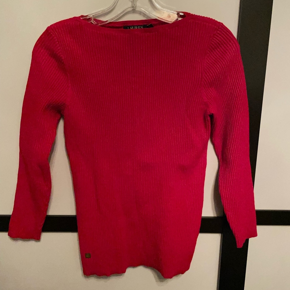 Lauren Ralph Lauren Red Ribbed 3/4 Sleeve Top Size Medium